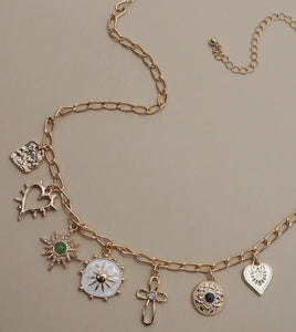 Charm necklace – heart cross sunburst stone ￼