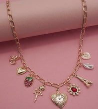 Load image into Gallery viewer, Charm necklace – heart bow rose, strawberry rose Eiffel ￼
