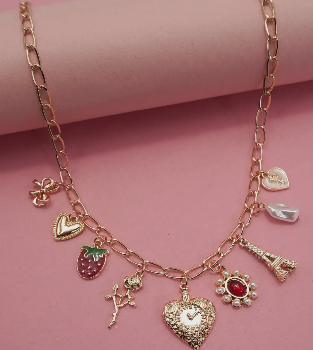 Charm necklace – heart bow rose, strawberry rose Eiffel ￼