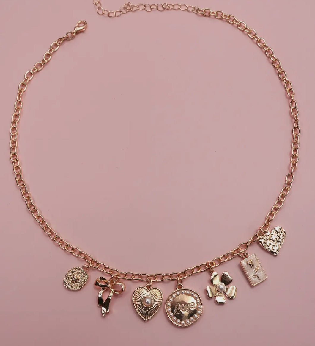 Charm necklace – bow love flower heart