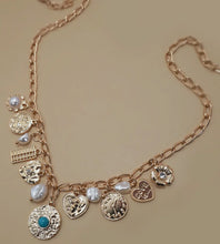 Load image into Gallery viewer, Charm necklace – pearl heart turquoise coin

