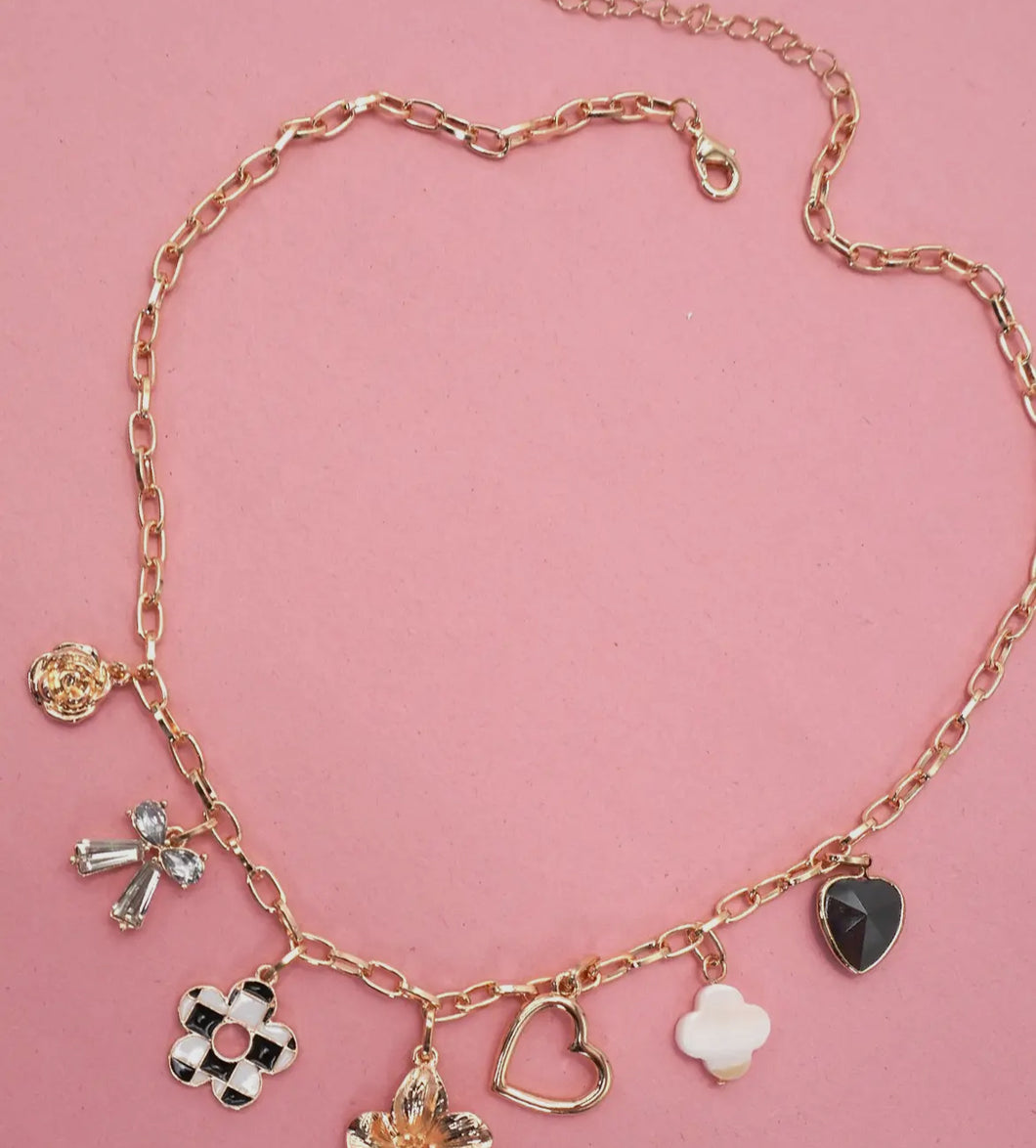 Bow flower heart charm necklace