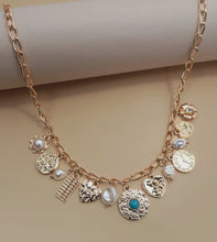 Load image into Gallery viewer, Charm necklace – pearl heart turquoise coin
