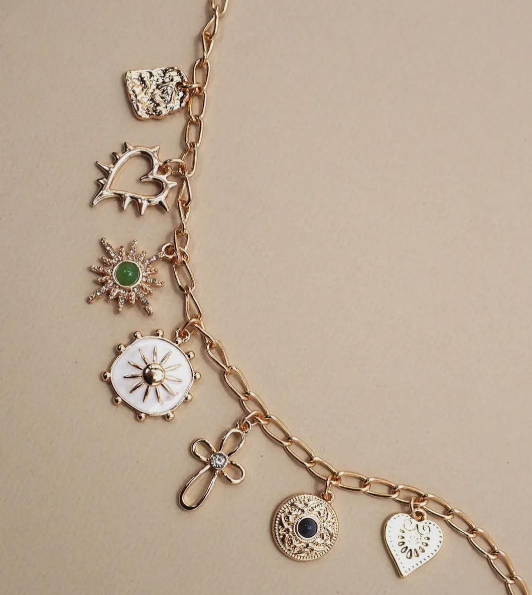 Charm necklace – heart cross sunburst stone ￼