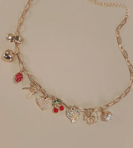 Multi charm bow cherry heart necklace ￼