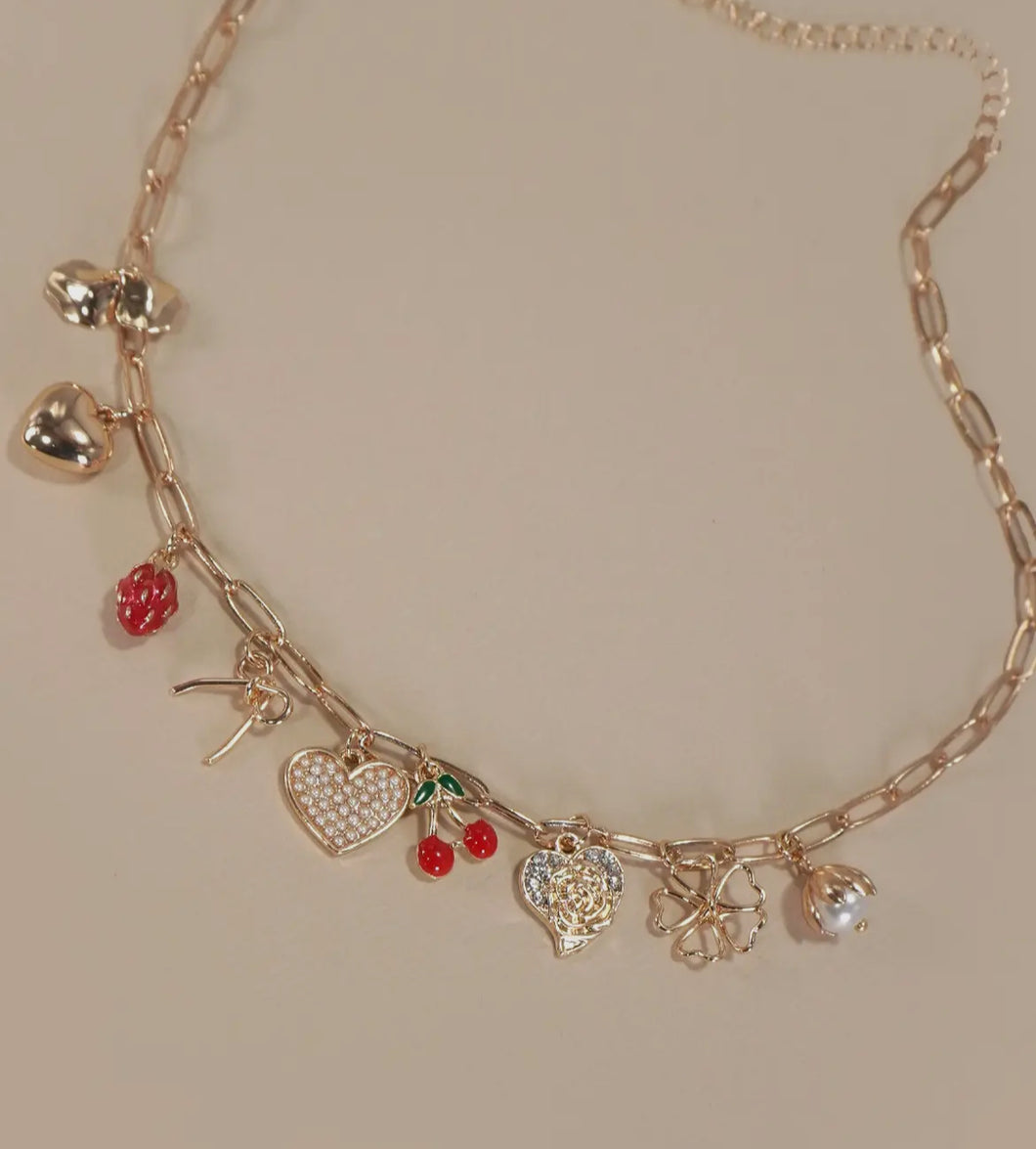 Multi charm bow cherry heart necklace ￼